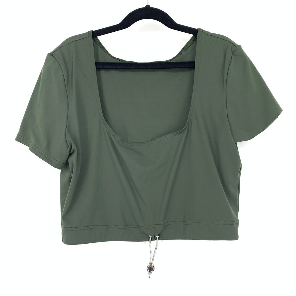 Shan Cropped Activewear Swim Top Womens Size 10 Green Drawstring Hem Scoop Neck